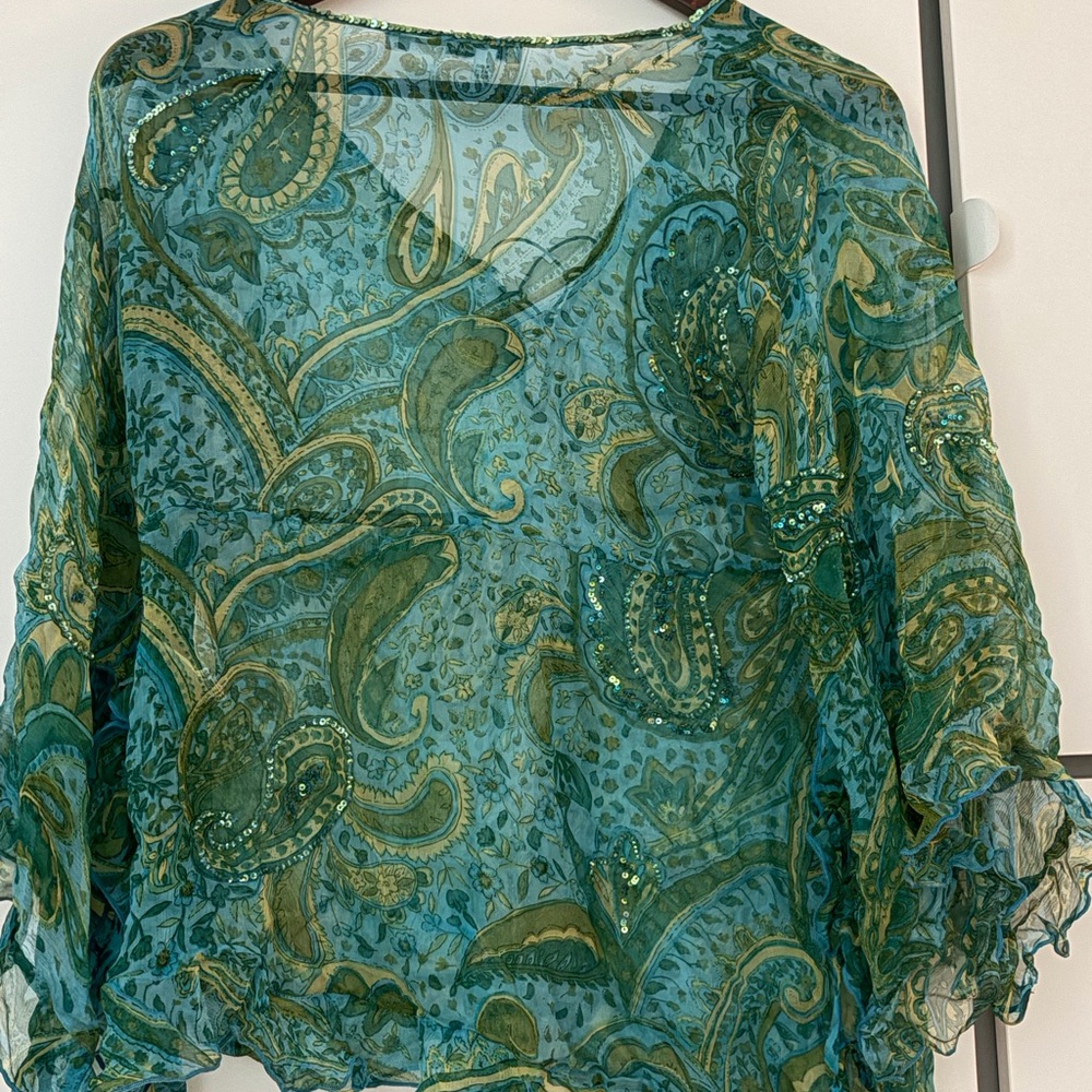 Zara Teal Paisley Sheer Beaded Silk Blouse